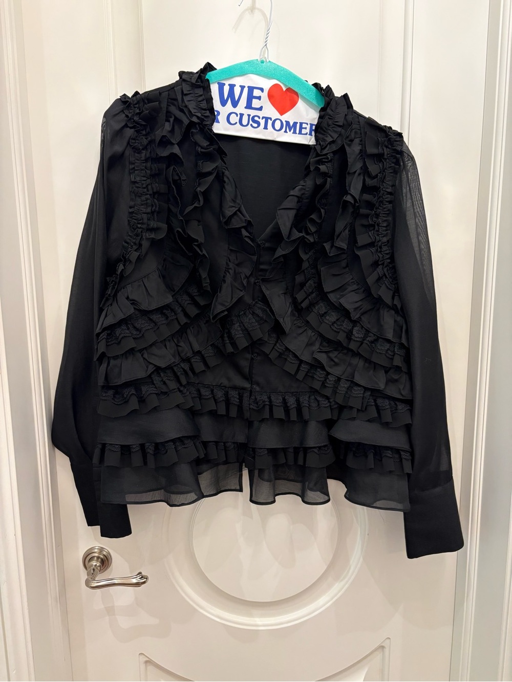 Black Ruffle V-Neck Long-Sleeve Blouse by